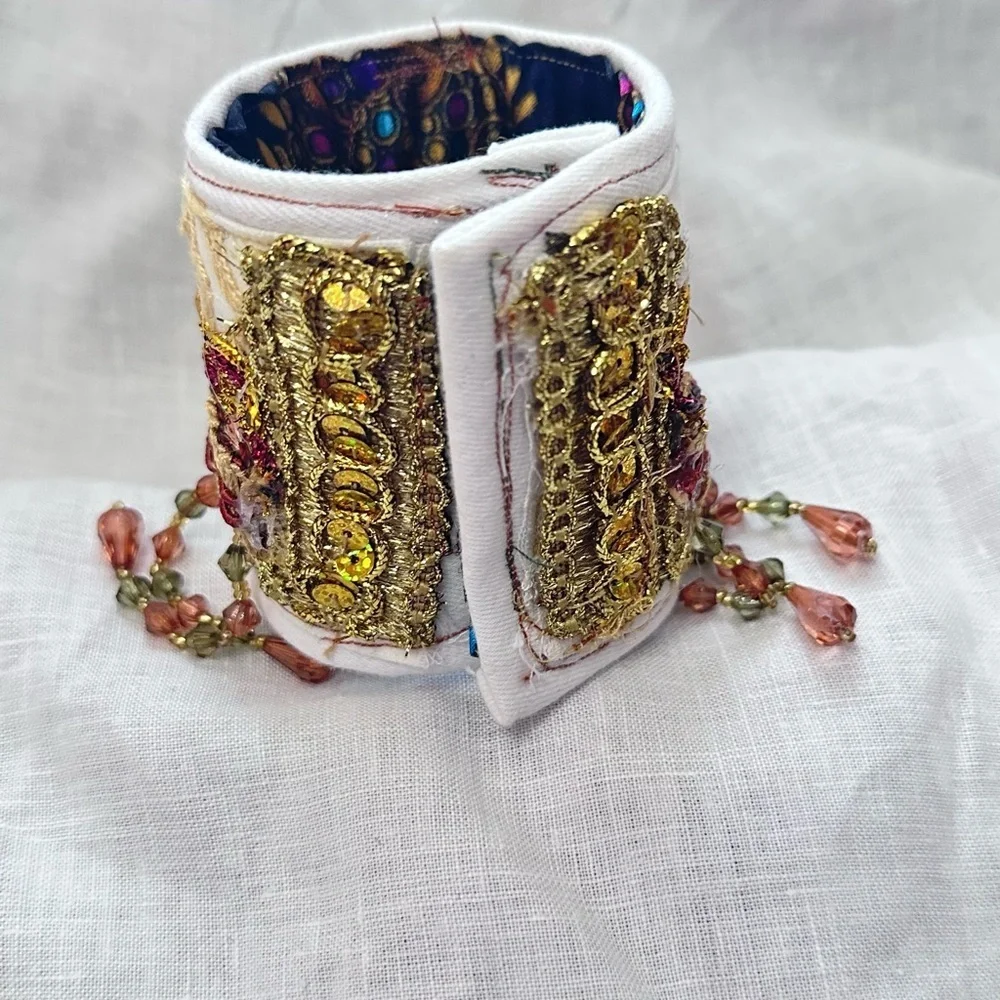 RUBYRUDI Cuff Bracelet Handcrafted OOAK Fabric Embellished Artisan Wearable Art